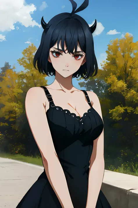 (masterpiece, best quality), intricate details, 1girl, solo, Nero, black hair, short hair, ahoge, red eyes, horns, outdoors, tank top dress, black dress, cleavage, expressionless, looking at viewer,