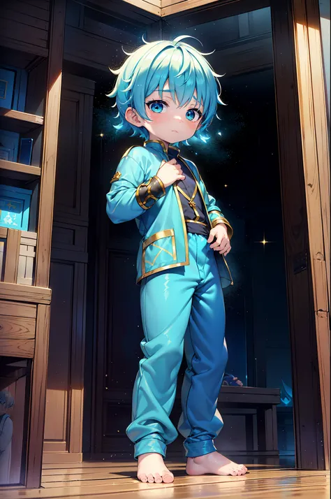 4k, (masterpiece:1), little boy with blue colored hair and shiny, glowing cyan eyes and barefoot, standing on field, epic, cinem...