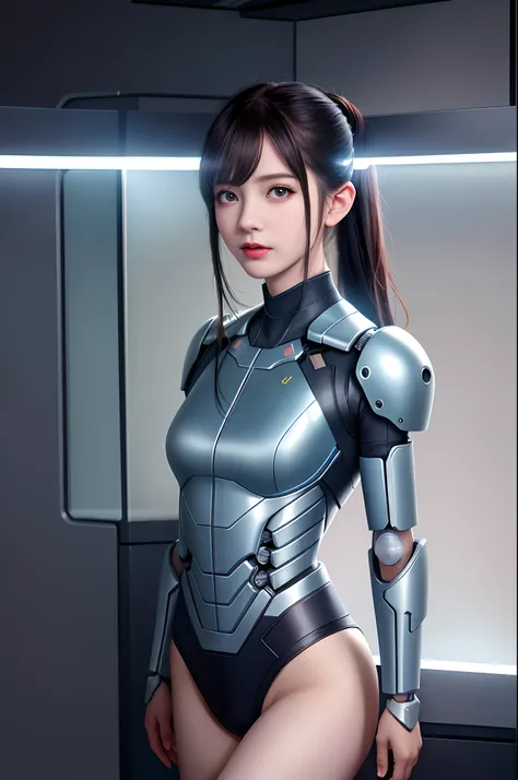 dystopian， [sci-fy]， High-detail RAW color photos， full-shot， s （cute female arterial intelligence， cybernetically enhanced）， inside in room， standing on your feet， （In a cryogenic chamber， In a state-of-the-art cyberpunk research facility）， Toned physique...