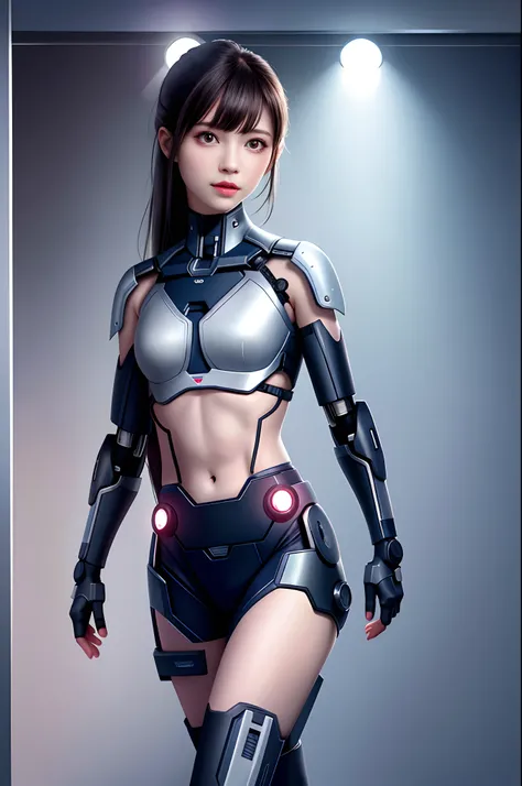 dystopian， [sci-fy]， High-detail RAW color photos， full-shot， s （cute female arterial intelligence， cybernetically enhanced）， inside in room， standing on your feet， （In a cryogenic chamber， In a state-of-the-art cyberpunk research facility）， Toned physique...