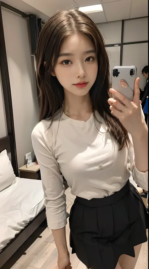 ((Best picture quality, 8K, tmasterpiece: 1.3)), self-shot, Sharp focus: 1.2, A cute beauty with a perfect figure: 1.4, Slim, ((Brown hair black)) , (whitet-shirt，pleatedskirt，Highly detailed face，Happy expression，standing on your feet：1.2），（（The city of b...