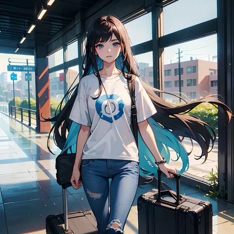 A handsome girl，Long hair with a shawl，Wear a simple t-shirt and jeans，It seemed a little nervous。She dragged a suitcase，It was a little difficult to walk into the school gate