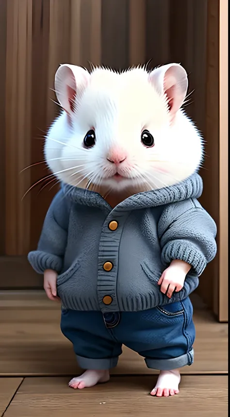 cute  fluffy white hamster, wear pants