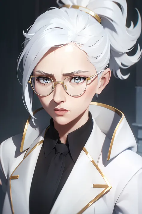 1 female ,white hair color, round thin glasses, white eyelashes color, white lab coat, black shirt, ponytail, long straight hair, white eyes, white eye pupil color,