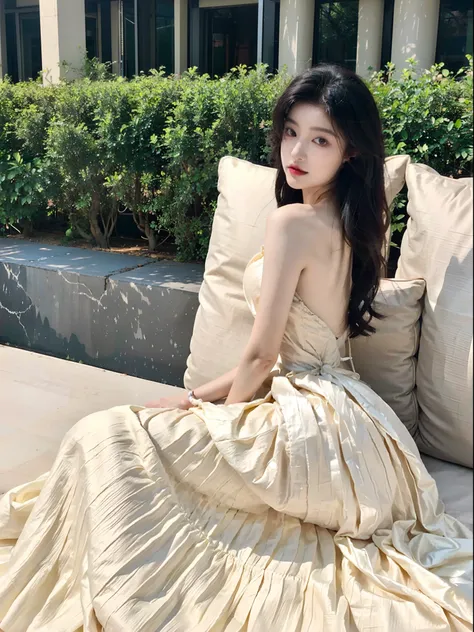 araki woman sitting on sofa in dress, long dress, full-body xianxia, shaxi, xintong chen, with a thin waist, ❤🔥🍄🌪, miko, wearing...