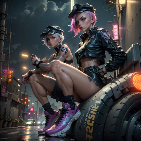 Beautiful woman 1female with punk hair style in a police cap, Short police clothes in the style of cyberpunk police, Tanned:2 Skin, It looks contrasting, good anatomy, Muscles are drawn, sitting in futurasric bike,The evening sky is overcast, in the backgr...