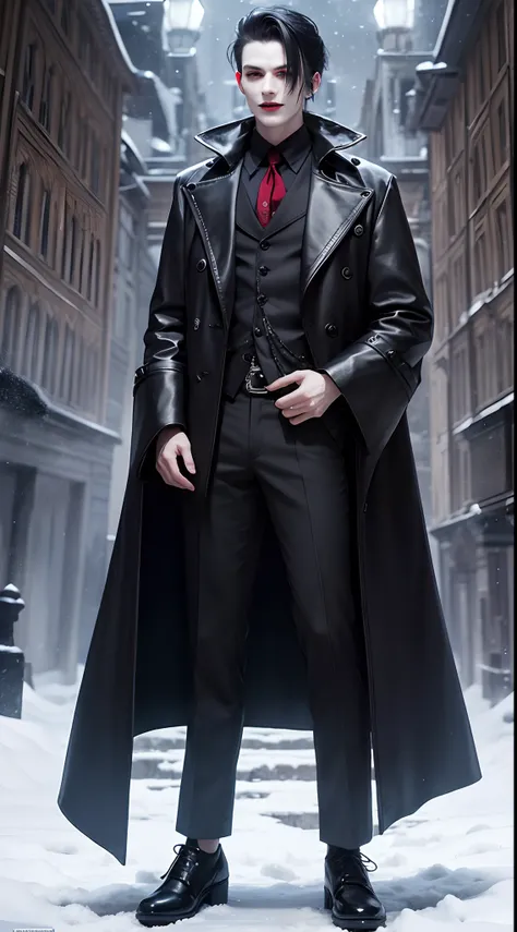 Creepy olpntng style，mistic，full body shot of，Vampires wear long black coats，Red eyes are his most striking feature，There seemed to be an evil aura hidden in his smile，His skin was as pale as snow，Vampire shoes，It shows a mysterious and majestic atmosphere...