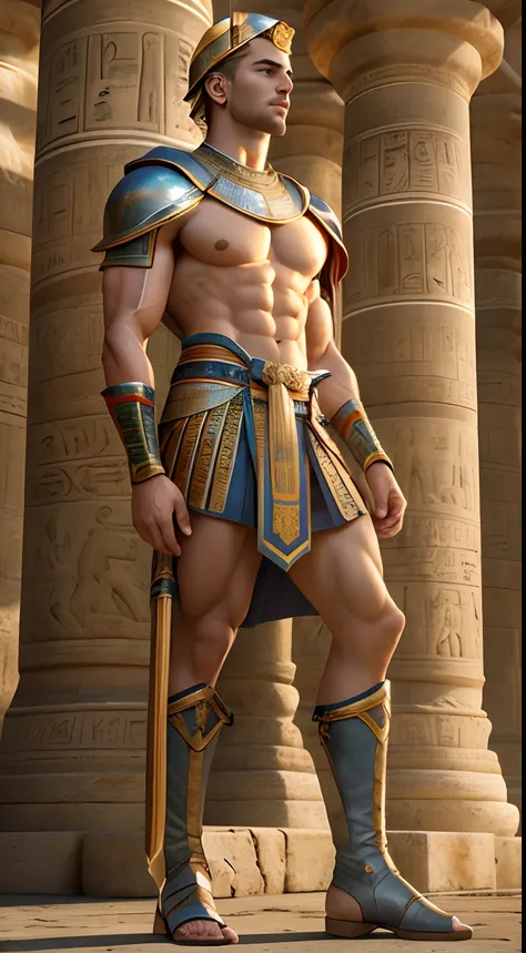 Elegant male youth, Abs，Exemplary talent, The lower body is bare from thighs to feet, Gorgeous blonde hair, Meticulous muscle definition,Seductive feet，Knight boots， Photorealistic rendering, 4K 分辨率. Background: Ancient Egyptian temple complex,32k ULTRAHD,...