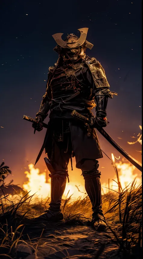 male samurai, ((foto realistic)), ((hannya mask)), full body, badass pose, dual katana, ((black armor)), edo period, devastation...