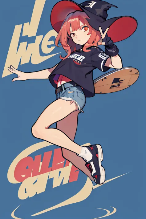 "red-haired girl，golden eyes，solid blue background，tee shirt，denim short，nike board shoes，whole body diagram，exaggerated and bea...