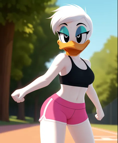 photorealism, female daisy duck, detailed background, outside, eyeshadow, white hair, hairstyle,

wear sports bra, pink shorts, ...