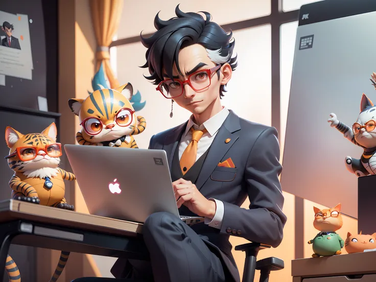 A young man in a suit, Short hair and glasses sat at his desk，holding laptop，digitial painting，tigre，3D character design by Mark Clairen and Pixar and Hayao Miyazaki and Akira Toriyama，4K HD illustration，Very detailed facial features and cartoon-style visu...