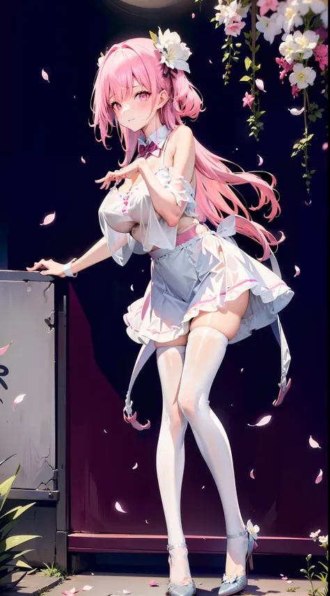 one-girl，Full body in camera，full bodyesbian，D cup，huge tit,（tmasterpiece），（best qualtiy），（A pink-haired，long whitr hair：2，White flower decoration，White hairpin），（White suspender stockings，over knee socks，Full body pantyhose），Suspenders，White silk pleated ...