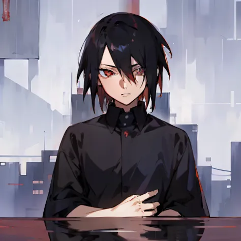 anime boy black shirt，red color eyes，upper body display