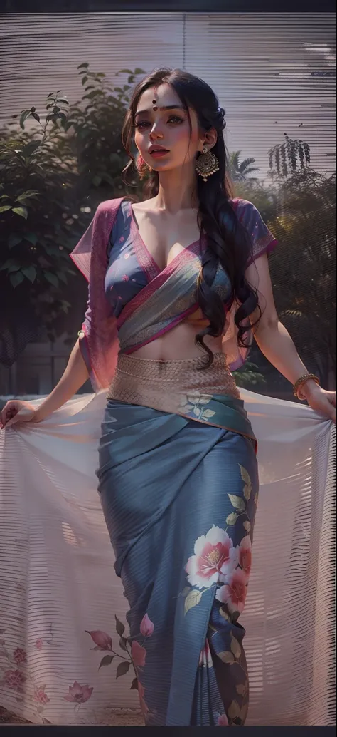 Change background to garden, wearing indian saree