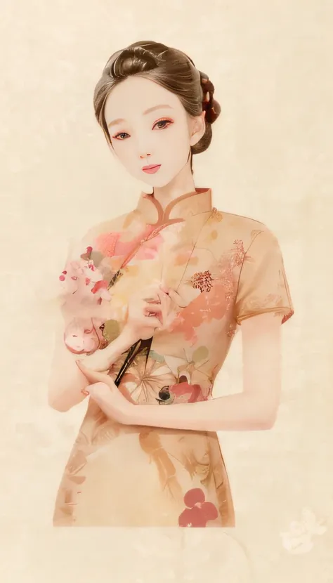 A painting of a woman holding a fan and a fan, Cheongsam, Republican style, Chinese watercolor style, Chinese style painting, Elegant lady, inspired by Yun Shouping, elegant japanese woman, Cheongsam beauty , Chinese woman, Wearing ancient Chinese clothes,...