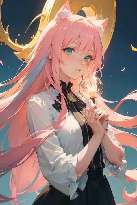 (Best Quality), (masutepiece), (Ultra Details), (Cinematic poster), (((Powerful ether light))), Cute girl in front of the center, (upper body), (pink hair), long long waved hair, green crystal big eyes, seductive face, cat ears, Faded fractal energy is alm...