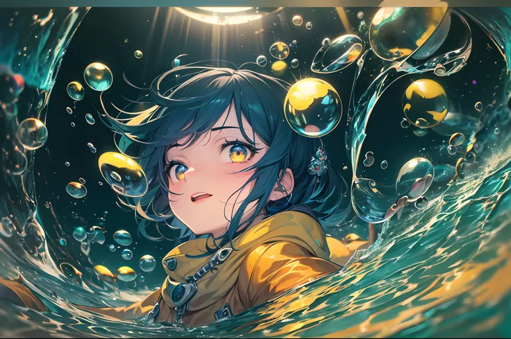 (a teenager is falling into the dark), (under the surface of water), colorful bubbles float up, blue and yellow ray from above, (beautiful views in the bubbles), gradient eyes, anime style, chiaroscuro, depth of field, cinematic lighting, god rays, ray tra...