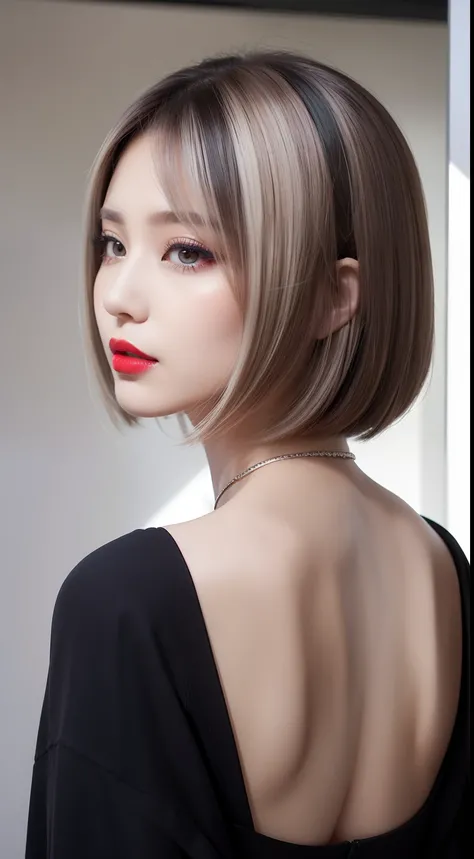 Portrait of a modest business hairstyle for spring and summer。Hair is an asymmetrical bob with platinum highlights。Makeup with bold red lips and sharp wing eyeliner、Reflects advanced technology and edgy appearance。