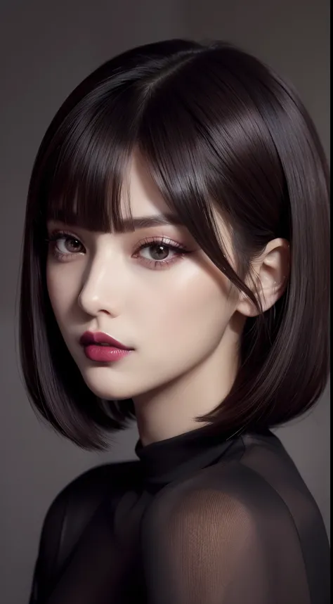 Portrait of a mode business hairstyle for autumn and winter。Hair is sleek straight in dark tones。Makeup with dark plum lips and smoky eyes、It creates a mysterious and high-fashion look。