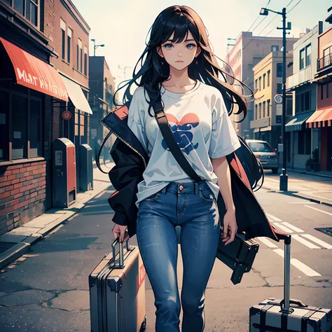 A handsome girl，Long hair with a shawl，Wear a simple t-shirt and jeans，Seems a little nervous。She dragged a suitcase，It was a bit difficult to walk into the school gates