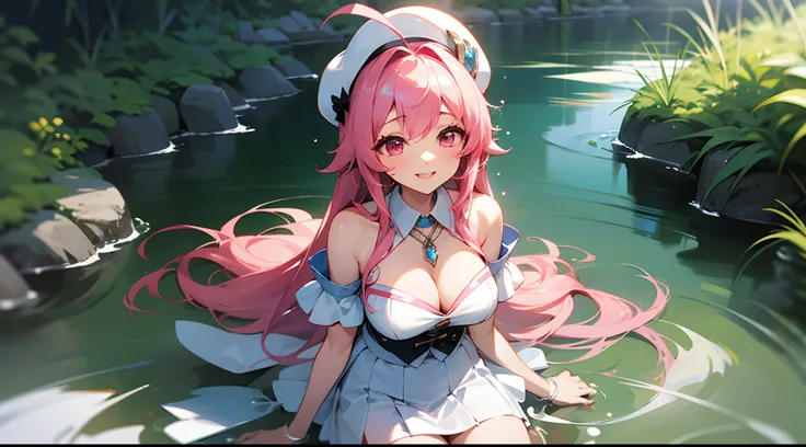 1 girl, game CG, transparent white clothes, cleavage visible, shoulder visible, transparent white short skirt, small white beret, jewel pendant, gigantic breasts, pink hair, long hair, straight hair, princess hairstyle, ahoge, pink eyes, smile, get wet, sp...