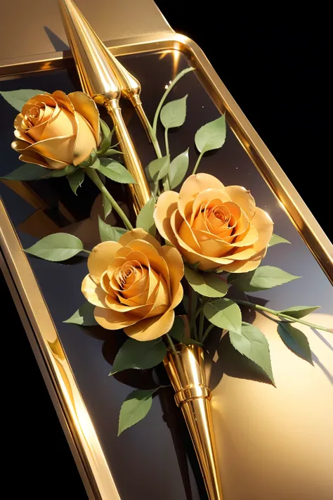 1 full golden all-metal rose，metalictexture，all metals，gold parts，reflectors，material of metal，golden flowers，super detailing，ul...