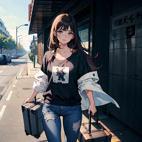 A handsome girl，Long hair with a shawl，Wear a simple t-shirt and jeans，It seemed a little nervous。She dragged a suitcase，It was a little difficult to walk into the school gate