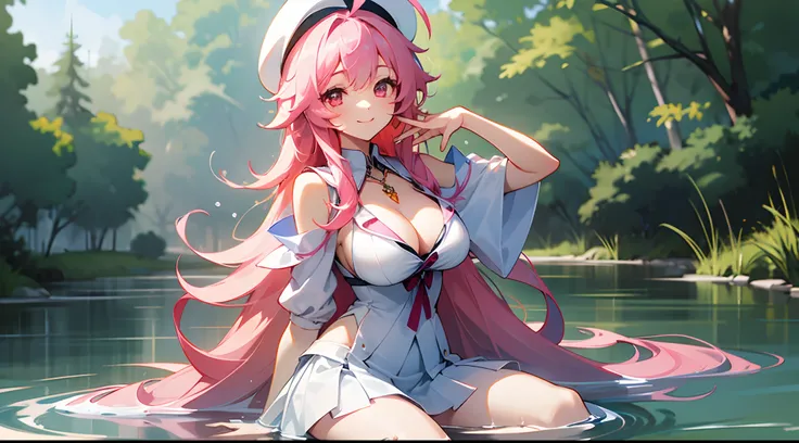 1 girl, game CG, transparent white clothes, cleavage visible, shoulder visible, transparent white short skirt, small white beret, jewel pendant, gigantic breasts, pink hair, long hair, straight hair, princess hairstyle, ahoge, pink eyes, smile, get wet, sp...