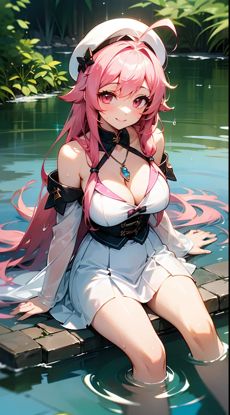 1 girl, game CG, transparent white clothes, cleavage visible, shoulder visible, transparent white short skirt, small white beret, jewel pendant, gigantic breasts, pink hair, long hair, straight hair, princess hairstyle, ahoge, pink eyes, smile, get wet, sp...