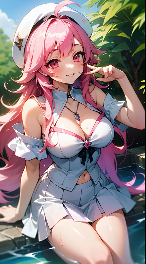 1 girl, game CG, transparent white clothes, cleavage visible, shoulder visible, transparent white short skirt, small white beret, jewel pendant, gigantic breasts, pink hair, long hair, straight hair, princess hairstyle, ahoge, pink eyes, smile, get wet, sp...