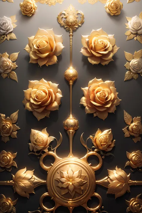 1 full golden all-metal rose，metalictexture，all metals，gold parts，reflectors，material of metal，golden flowers，super detailing，ul...