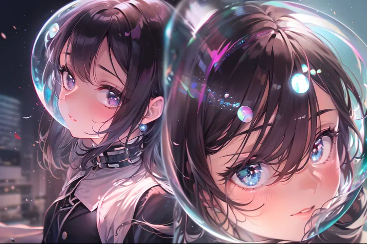 (a beautiful girl is sinking) , in a colorful bubble , brown and black hair, uniform clothes, gradient eyes, anime style, chiaroscuro, depth of field, cinematic lighting, god rays, ray tracing, reflection light, glowing light, from side, ((panorama)), high...