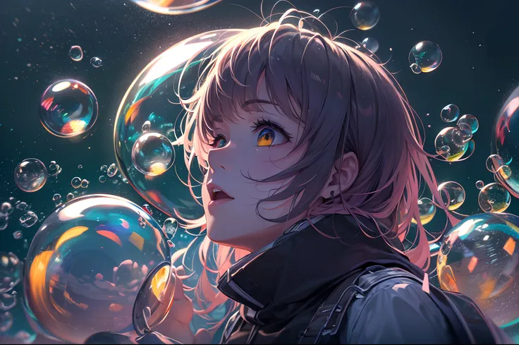 (a teenager is sinking into the dark), (under the ocean), ((upside down)), a few of colorful bubbles float up, (beautiful views in the bubbles), gradient eyes, anime style, chiaroscuro, depth of field, cinematic lighting, god rays, ray tracing, reflection ...