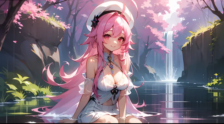 1 girl, game CG, see-through white clothes, cleavage visible, shoulder visible, see-through white short skirt, small white beret, jewel pendant, gigantic breasts, pink hair, long hair, straight hair, princess hairstyle, ahoge, pink eyes, smile, get wet, sp...