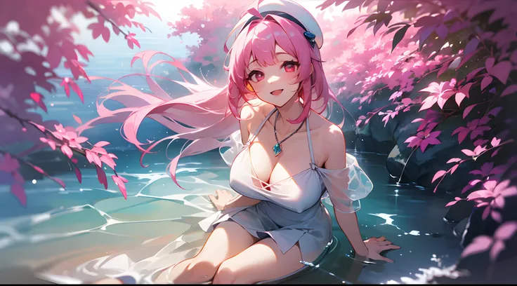 1 girl, game CG, see-through white clothes, cleavage visible, shoulder visible, see-through white short skirt, small white beret, jewel pendant, gigantic breasts, pink hair, long hair, straight hair, princess hairstyle, ahoge, pink eyes, smile, get wet, sp...