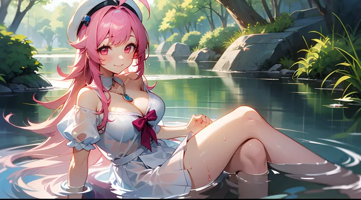 1 girl, game CG, see-through white clothes, cleavage visible, shoulder visible, see-through white short skirt, small white beret, jewel pendant, gigantic breasts, pink hair, long hair, straight hair, princess hairstyle, ahoge, pink eyes, smile, get wet, sp...