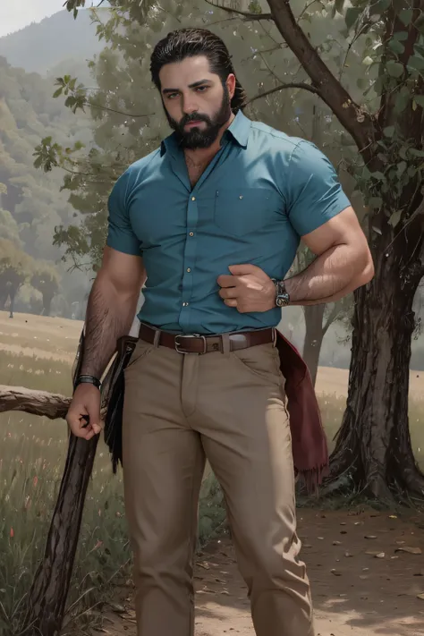 un retrato de personaje [man from mexico, pelo corto, barba delineada, cuerpo peludo, macho alfa, huge biceps, pantalones vaquer...