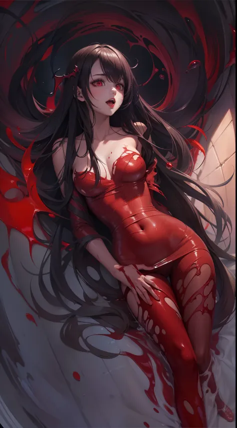 A vampire girl，tilts your head，Bright red eyes，open mouth and laugh，Very long brown hair，Naked upper body，Soak in a pool of bright red，Blood flows through the body，Black distorted background