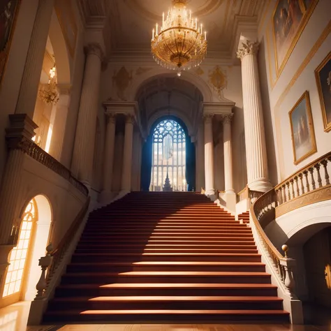 Inside a huge castle　Super huge staircase　palatial palace　mirai　in isekai　top-quality　​masterpiece　Beautiful world　chandeliers　cyberpunked　Huge space