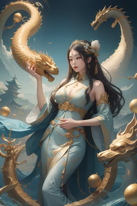 an ancient Chinese goddess, guanyin of the southern seas, Guanyin, Inspired by China, Avalokiteshvara rides a dragon，,Serene expression,shui mo hua,Buddha,Buddhist,Lotus,Chinese painting style,Thangka style