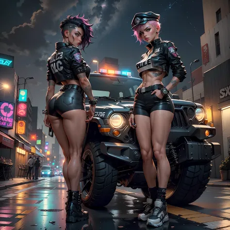 Beautiful woman 1female with punk hair style in a police cap, Short sexzy police clothes in the style of cyberpunk police, Tanned dusky Skin, It looks contrasting, good anatomy, Muscles are drawn, standing with futurasric bikeand jeep,The morning sky is ov...