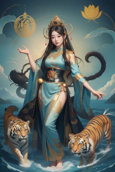 an ancient Chinese goddess, guanyin of the southern seas, Guanyin, Inspired by China, Avalokiteshvara rides a tiger，,Serene expression,shui mo hua,Buddha,Buddhist,Lotus,Chinese painting style,Thangka style