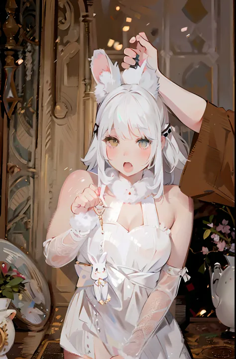 gray-haired girl，There are rabbit ears and white dress posing for photos, ultrarealistic sweet bunny girl, Anime cosplay, Anime girl cosplay, White Cat Girl, cosplay of a catboy! maid! dress, Bunny Girl, with bunny ears, with long floppy rabbit ears, ，， Wh...