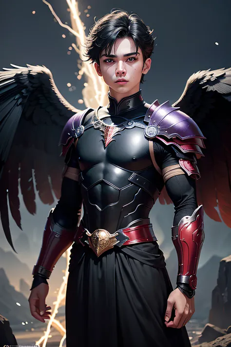 very masculine pose. masterpiece, best quality, high quality,extremely detailed CG Mythology, Greek god. mythical Age. (1Teen) Handsome. Image 8k, Enhanced graphics, Good quality, volumetric lighting. wears open black shirt, Aesthetic male angel (good anat...