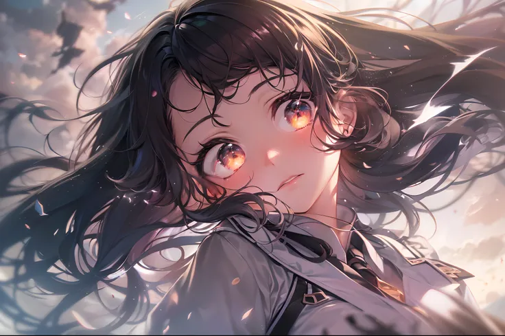 (a beautiful girl is sinking) ,in the sky , brown and black hair, uniform clothes, gradient eyes, anime style, chiaroscuro, depth of field, cinematic lighting, god rays, ray tracing, reflection light, glowing light, (from side(, highres, (masterpiece), bes...