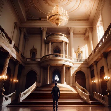 Inside a huge castle　Super huge staircase　palatial palace　mirai　in isekai　top-quality　​masterpiece　Beautiful world　chandeliers　cyberpunked　Huge space