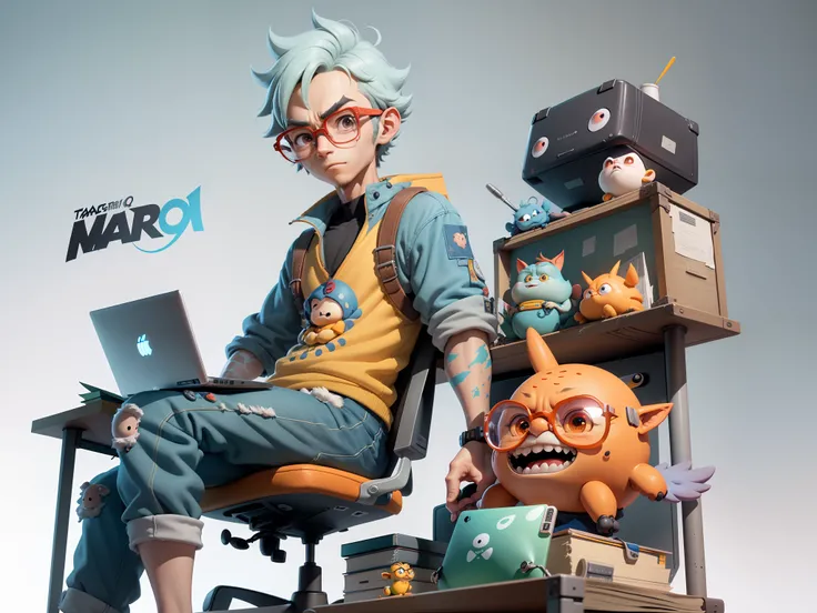 A young man with glasses sits at his desk，holding laptop，digitial painting，3D character design by Mark Clairen and Pixar and Hayao Miyazaki and Akira Toriyama，4K HD illustration，Very detailed facial features and cartoon-style visuals。