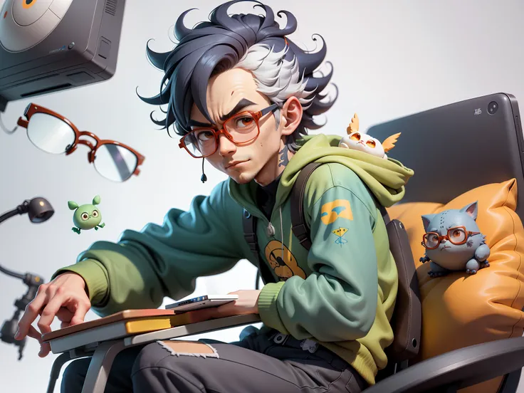 A young man with glasses sits at his desk，holding laptop，digitial painting，3D character design by Mark Clairen and Pixar and Hayao Miyazaki and Akira Toriyama，4K HD illustration，Very detailed facial features and cartoon-style visuals。