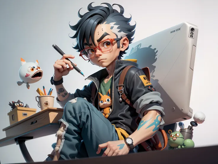 A young man with glasses sits at his desk，holding laptop，digitial painting，3D character design by Mark Clairen and Pixar and Hayao Miyazaki and Akira Toriyama，4K HD illustration，Very detailed facial features and cartoon-style visuals。